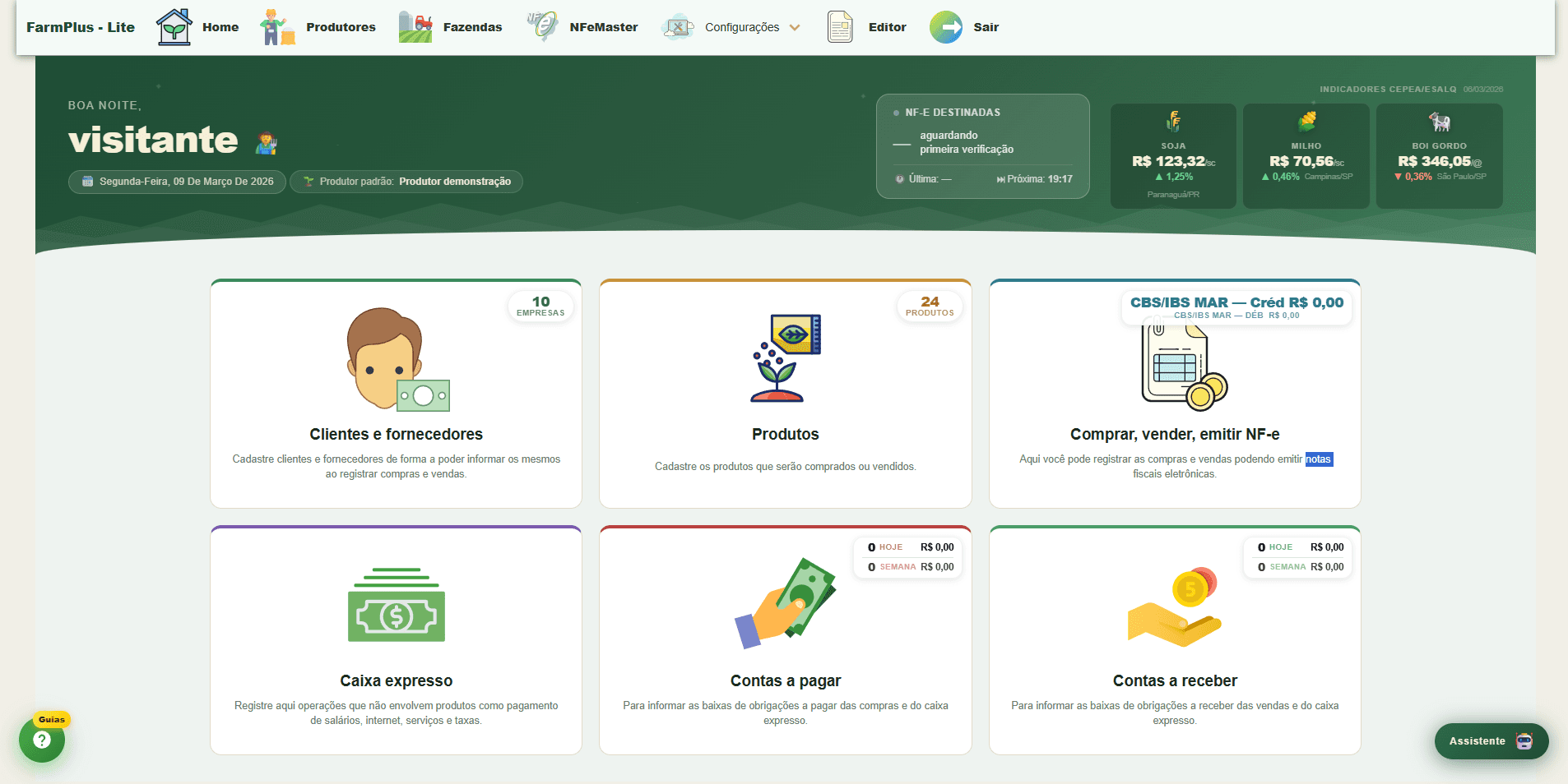 Tela principal do FarmPlus Lite — software de gestão rural online com indicadores, NFe e financeiro