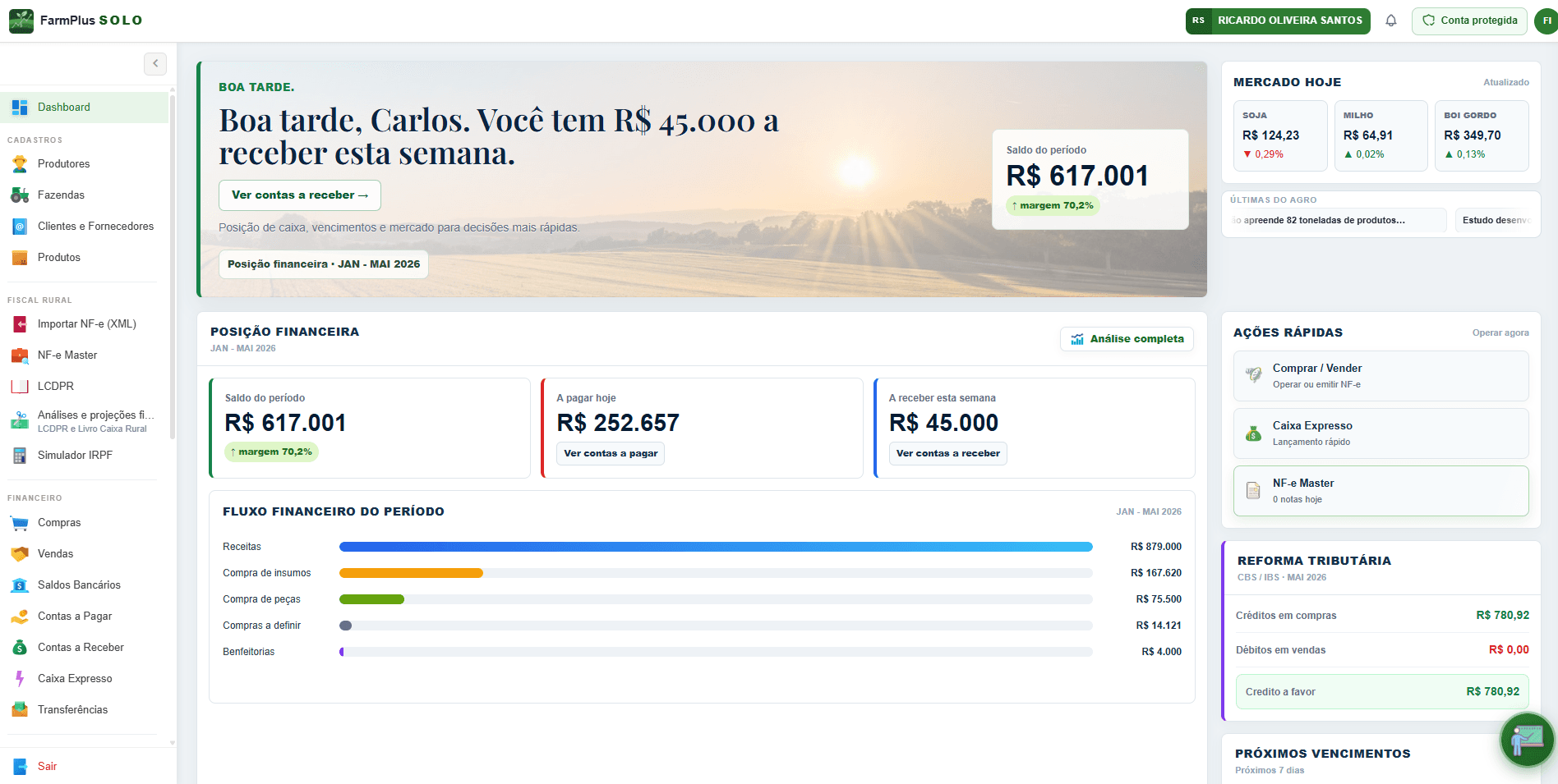 Tela principal do Farmplus Solo — software de gestão rural online com indicadores, NFe e financeiro