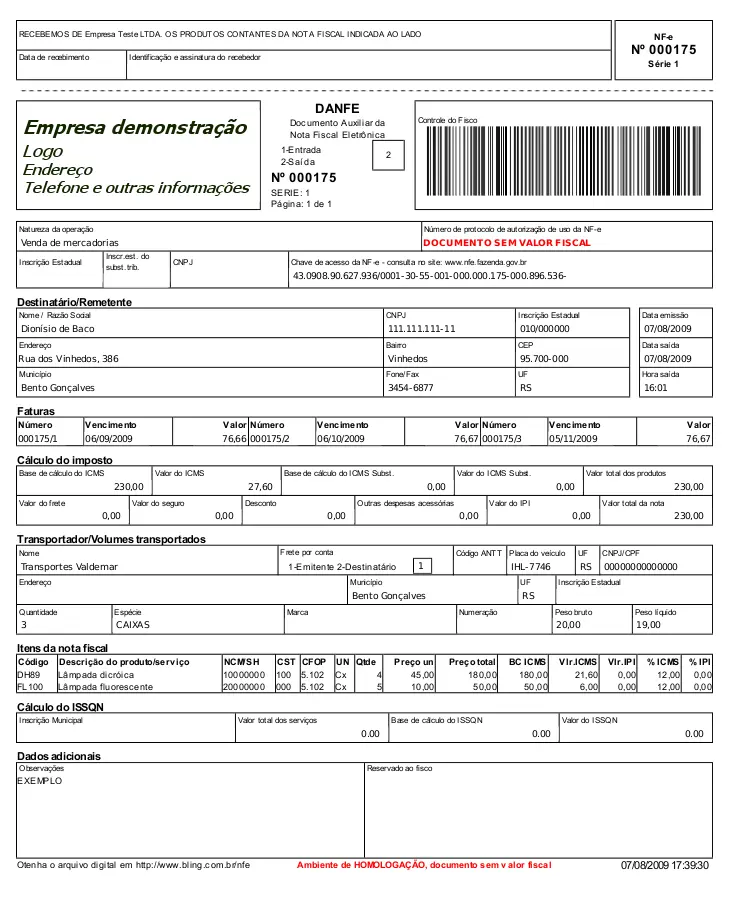 Modelo de DANFE — Documento Auxiliar da Nota Fiscal Eletrônica impresso