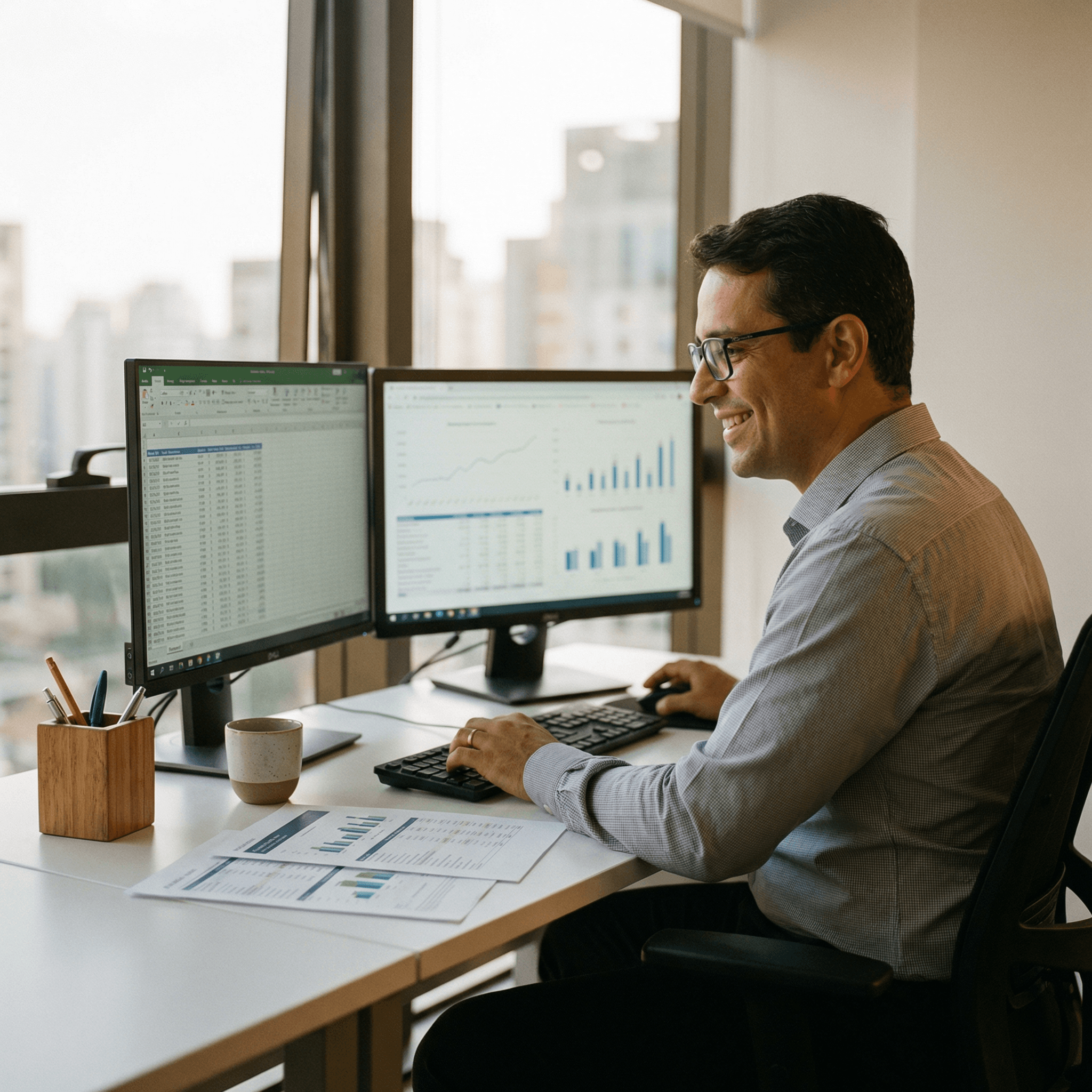 Contador brasileiro em escritório utilizando software LCDPR para gestão de produtores rurais