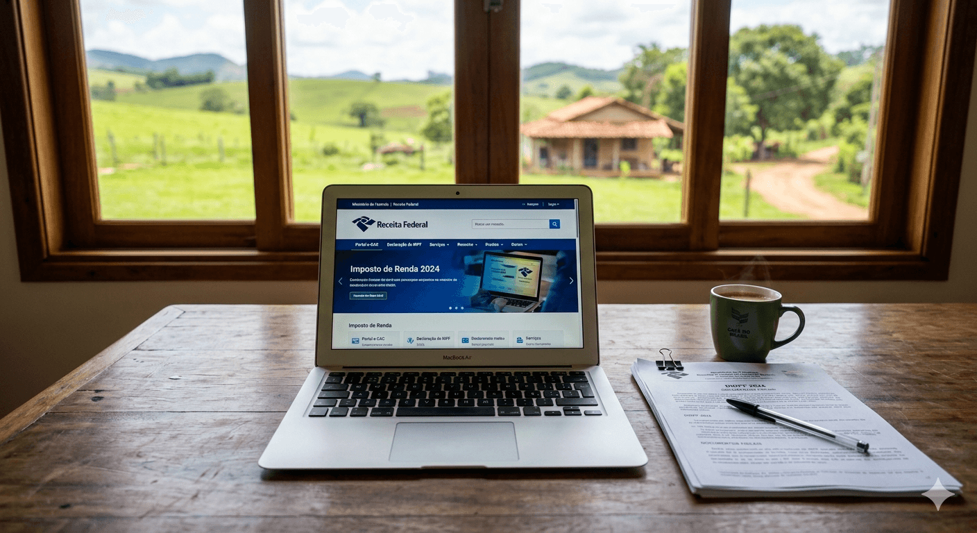 Computador com portal da Receita Federal na tela e documentos do CAEPF sobre mesa de escritório rural