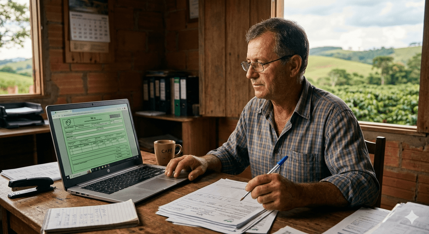 Produtor rural analisando nota fiscal eletrônica com campos CFOP no computador.
