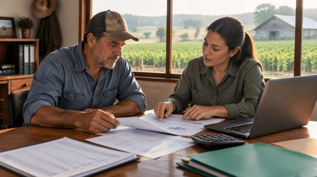 Produtor rural e contadora revisando relatórios e livros contábeis num escritório de fazenda