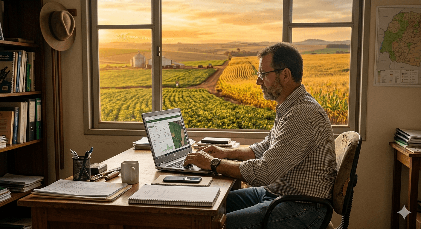 Produtor rural no Paraná emitindo nota fiscal eletrônica NFP-e em tablet com lavoura ao fundo.