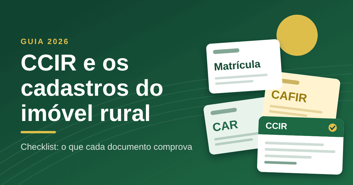 Cartões dos documentos do imóvel rural: matrícula, CAR, CAFIR e CCIR