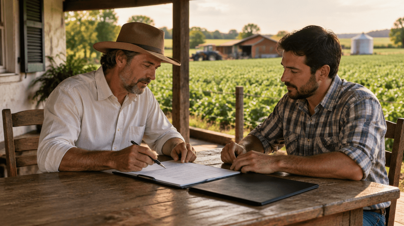 Proprietário rural e arrendatário revisando um contrato de arrendamento rural numa varanda de fazenda