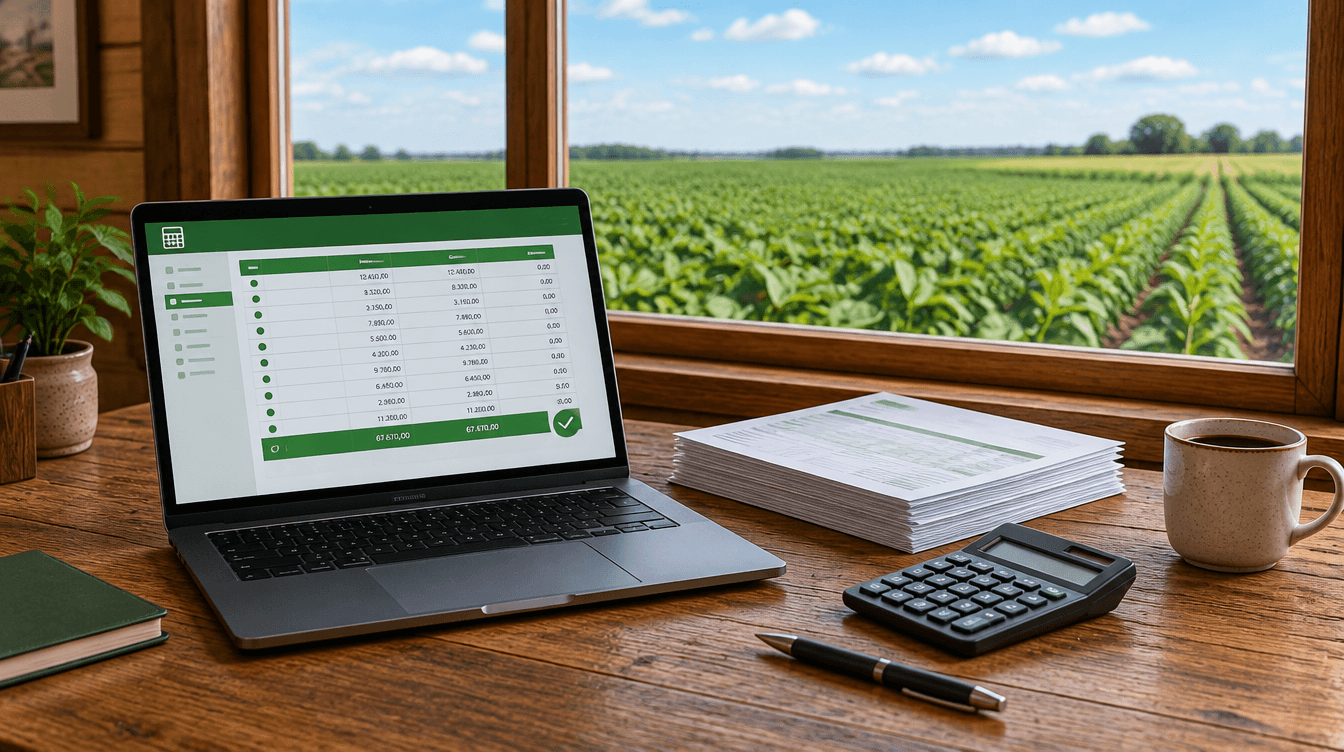 Produtor rural conferindo o livro caixa digital em um notebook sobre a mesa, com notas fiscais e lavoura de soja ao fundo