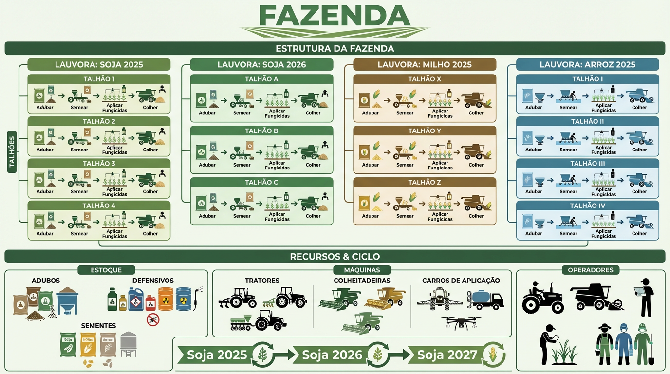 Estrutura da Fazenda - Lavouras por safra com talhões, operações agrícolas, estoque de insumos, máquinas e operadores