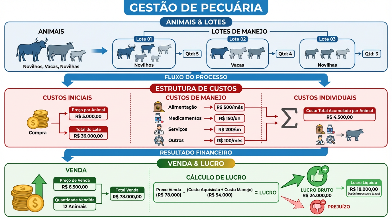 Gestão de Pecuária - Fluxo completo de animais, lotes, custos de manejo e resultado financeiro